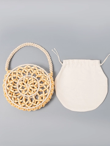 Borsa a Mano da Donna in Perline di Legno Intrecciate a Mano Rotonda Vintage Bohemienne Borsa da Spiaggia Con Coulisse Interna