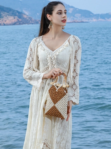 Handmade Woven Wood Bead Handbag With Natural Bamboo Handle Geometric Rhombus Pattern Bohemian Beach Vacation Women Tote Bag