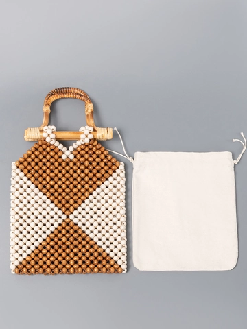 Borsa a Mano Intrecciata in Perline di Legno Fatta a Mano Con Manico in Bambù Geometrica Traforata per Mare e Vacanze Donna