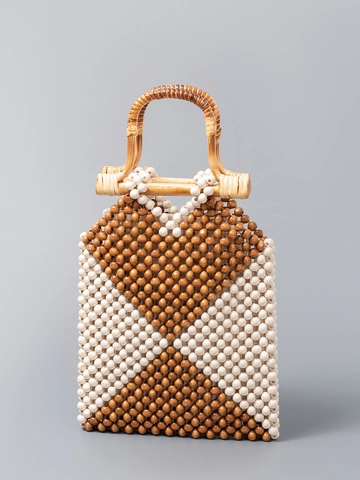 Borsa a Mano Intrecciata in Perline di Legno Fatta a Mano Con Manico in Bambù Geometrica Traforata per Mare e Vacanze Donna