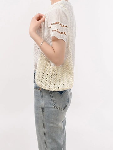 Bolso de Hombro con Perlas Artificiales Hecho a Mano Mujer Vintage Tejido Bolso de Axila Blanco Crema ABS Perlas Artificiales Bolso para Boda Fiesta Viaje
