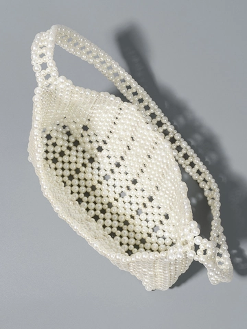 Bolso de Hombro con Perlas Artificiales Hecho a Mano Mujer Vintage Tejido Bolso de Axila Blanco Crema ABS Perlas Artificiales Bolso para Boda Fiesta Viaje