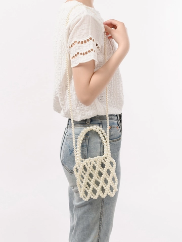 Handmade ABS Imitation Artificial Pearl Woven Mini Shoulder Bag For Women Hollow Out Beaded Crossbody Handbag For Vacation Wedding Party Elegant Accessory