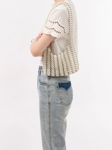 Bolso de Hombro de Perlas Artificiales Artificiales Hecho a Mano para Mujer Bolso de Axila Tejido Vintage con Cuentas Plateadas