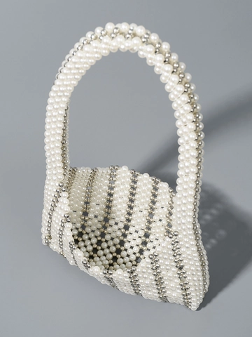 Bolso de Hombro de Perlas Artificiales Artificiales Hecho a Mano para Mujer Bolso de Axila Tejido Vintage con Cuentas Plateadas