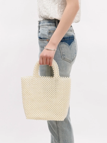 Bolso de Mano Tejido con Perlas de ABS Hecho a Mano para Mujer Vintage Blanco Marfil Bolso Tote de Abalorios para Vacaciones Boda Fiesta Elegante