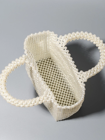 Bolso de Mano Tejido con Perlas de ABS Hecho a Mano para Mujer Vintage Blanco Marfil Bolso Tote de Abalorios para Vacaciones Boda Fiesta Elegante