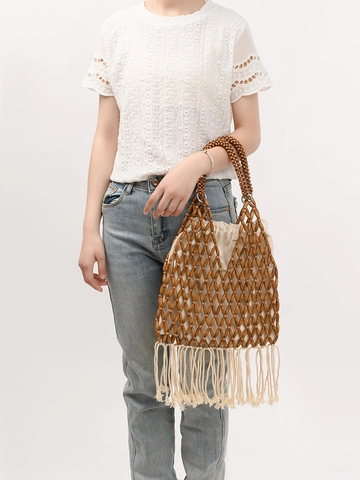 Borsa in Legno Intrecciata a Mano Con Nappe Borsa da Spiaggia Bohemian Con Tasca Interna in Tela Per Donna Viaggio Borsa