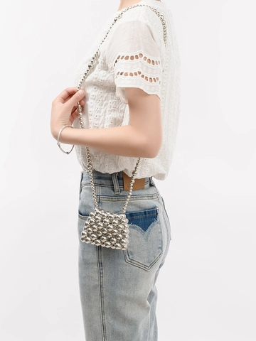 Handmade Beaded Hollow Woven Mini Shoulder Bag For Women Silver ABS Pearl Crossbody Bag Beach Vacation Fashion Metallic Handbag