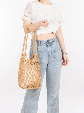 Borsa a Tracolla in Corda di Cotone Fatta a Mano Borsa a Secchiello Traforata Bohemienne Con Borsa Interna con Coulisse Donna Vacanza Mare