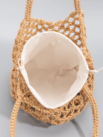 Women's Hand-Woven Cotton Rope Bucket Bag Summer Beach Hollow Mesh Shoulder Bag Bohemian Vacation Tote With Inner Pouch