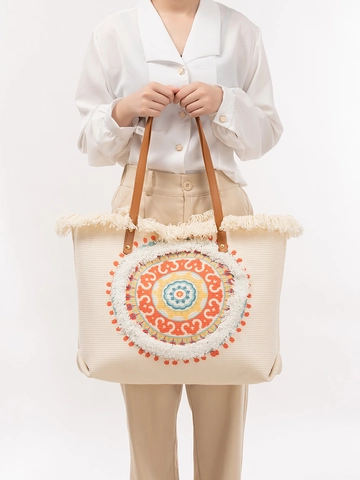 Sac Cabas Femme Bohème Ethnique À Glands Grande Capacité Mandala Imprimé Sac À Main De Plage Tissé Avec Poignées En Cuir PU
