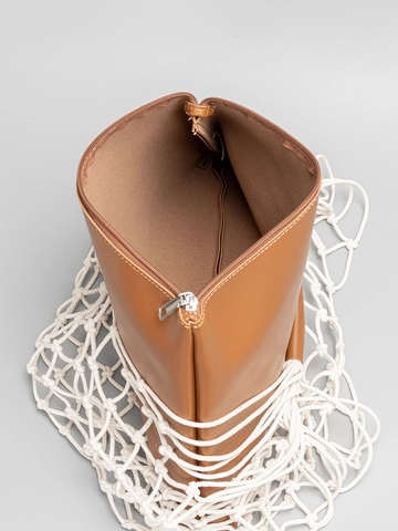 Women Woven Cotton Rope Net Tote Bag With PU Leather Inner Pouch Zipper Closure Handmade Beach Vacation Shoulder Bag