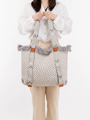 Large Capacity Bohemian Woven Tote Bag For Women With Tassels Geometric Diamond Pattern Polyester Cotton Shoulder Bag Casual Handbag