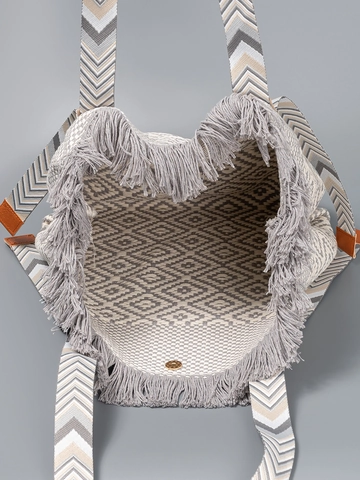 Large Capacity Bohemian Woven Tote Bag For Women With Tassels Geometric Diamond Pattern Polyester Cotton Shoulder Bag Casual Handbag
