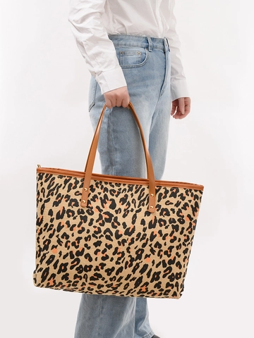 Women Large Capacity Leopard Print Tote Bag Fashion Canvas Shoulder Bag Commuter Handbag With Zipper And PU Leather Handle