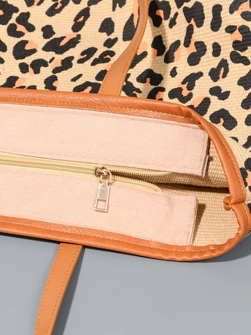 Women Large Capacity Leopard Print Tote Bag Fashion Canvas Shoulder Bag Commuter Handbag With Zipper And PU Leather Handle