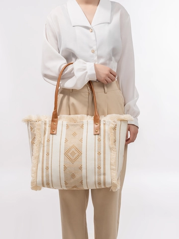 Women Large Capacity Bohemian Woven Tassel Tote Bag Ethnic Geometric Pattern Fringe Beach Vacation Shoulder Bag With PU Leather Handle
