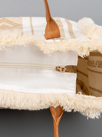 Women Large Capacity Bohemian Woven Tassel Tote Bag Ethnic Geometric Pattern Fringe Beach Vacation Shoulder Bag With PU Leather Handle