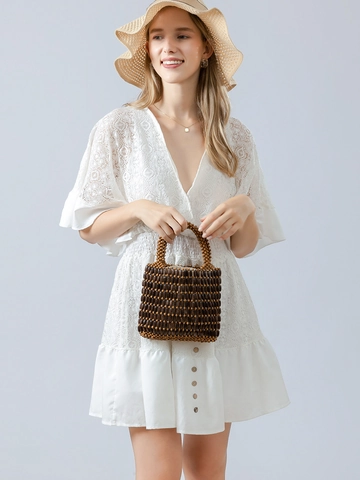 Sac à Main Artisanal en Perles de Bois d'érable Femmes Vintage Tissé Ajouré Été Plage Vacances Design de Niche Tote Bag