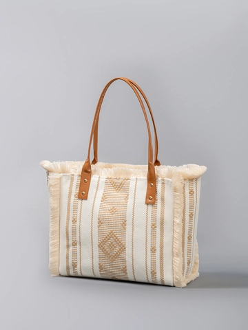 Bohemian Canvas Fringe Tote Bag Large Capacity Ethnic Woven Geometric Pattern Shoulder Bag With PU Leather Handles For Women