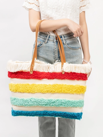 Bohemian Canvas Tassel Tote Bag Large Capacity Woven Beach Shoulder Bag For Women Vacation Holiday Travel Handbag