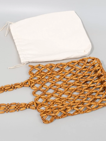 Handmade Wood Bead Woven Shoulder Bag For Women Vintage Bohemian Mesh Tote With Drawstring Inner Pouch Beach Vacation Handbag