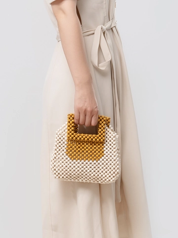 Bolso de Mano Vintage de Cuentas de Madera de Arce Tejido a Mano para Mujer Bohemio Bloque de Color Tote Bolso Cuadrado Pequeño Fiesta Viaje