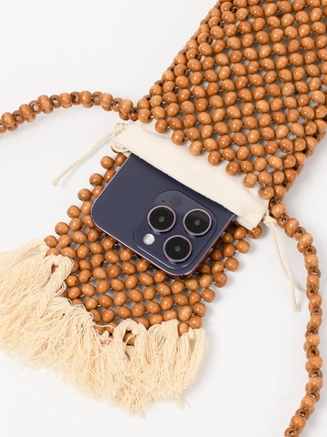 Borsa a Tracolla in Perle di Legno Intrecciate a Mano Bohémien con Nappe Borsa per Cellulare da Donna per Mare Vacanza Viaggio