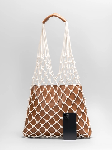 Women Woven Cotton Rope Net Tote Bag With PU Leather Inner Pouch Zipper Closure Handmade Beach Vacation Shoulder Bag
