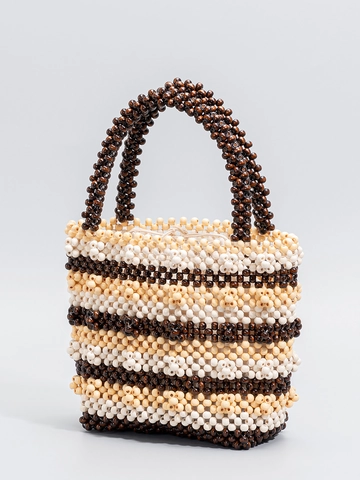 Handgefertigte Webhandtasche Aus Holzperlen Für Damen Vintage Gestreifte Perlen Tote Bag Mit Kordelzug Futter Strand Urlaub Tasche