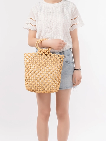 Handgefertigte Ahornholz Perlen Handtasche Für Damen Sommerurlaub Strandtasche Mit Kordelzug Canvas Futter Vintage Boho Gewebte Henkeltasche