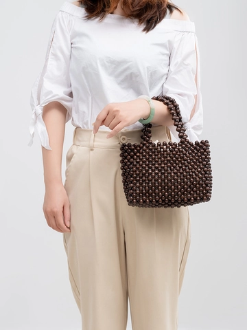Handgemachte Gewebte Holzperlen Handtasche Damen Vintage Boho Perlen Tote Bag Mit Canvas-Beutel Sommer Strand Reise Tasche
