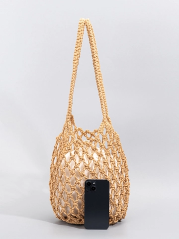 Women's Hand-Woven Cotton Rope Bucket Bag Summer Beach Hollow Mesh Shoulder Bag Bohemian Vacation Tote With Inner Pouch