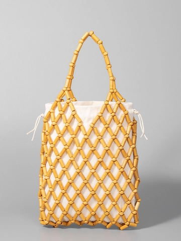 Borsa a Mano Intrecciata con Perline in Legno Fatta a Mano Design Boho Vintage Casual Estate Spiaggia Viaggio Donna