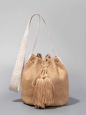 Borsa a Secchiello in Paglia Intrecciata da Donna per Vacanze al Mare Borsa a Tracolla Intrecciata a Mano con Grandi Nappe Cinturino Geometrico
