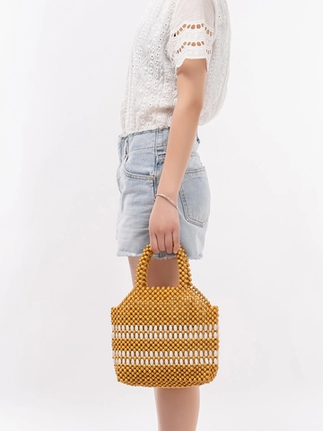 Bolso de Mano Tejido a Mano de Cuentas de Madera de Arce para Mujer Vintage Verano Playa Viaje Boho Tote Con Bolsa Interior de Lona con Cordón
