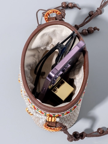 Borsa a Secchiello Intrecciata in Rafia Etnica da Donna Borsa a Tracolla da Spiaggia Bohemian Con Cinturino in Perline Legno