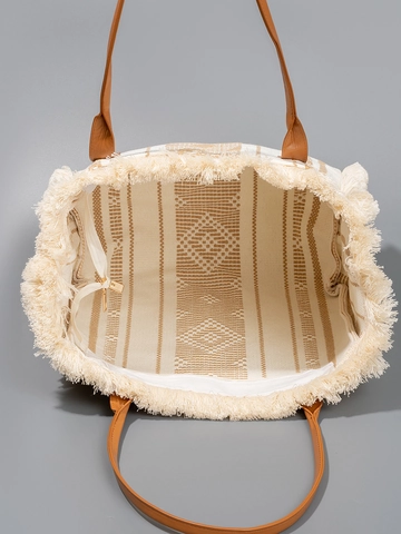 Bohemian Canvas Fringe Tote Bag Large Capacity Ethnic Woven Geometric Pattern Shoulder Bag With PU Leather Handles For Women