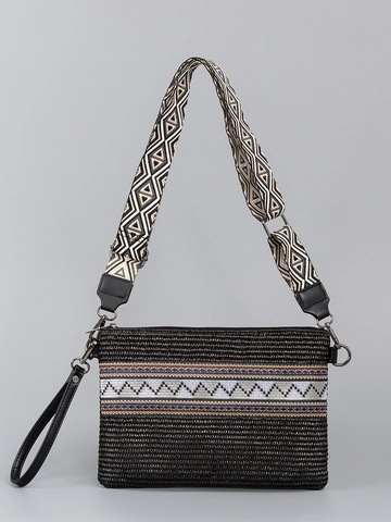 Bohemian Ethnic Straw Woven Crossbody Bag For Women With Wide Geometric Pattern Strap Casual Vacation Shoulder Bag Handbag