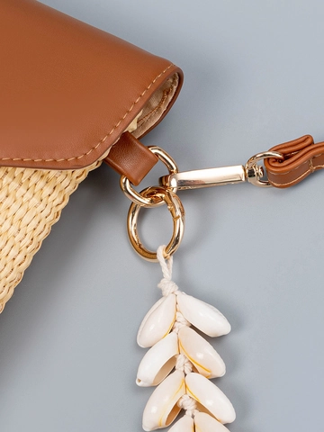 Bolso Bandolera Tejido de Paja Bohemio para Mujer Con Borla de Concha Bolso de Hombro de Playa Pequeño Cartera de Mano Sobre PU