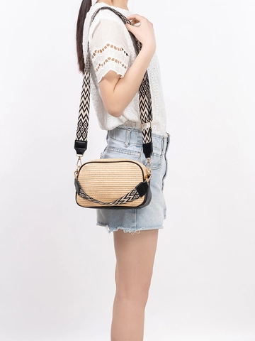 Women's Bohemian Straw Woven Shoulder Bag With Wide Jacquard Strap PU Leather Trim Small Square Crossbody Bag For Vacation Travel