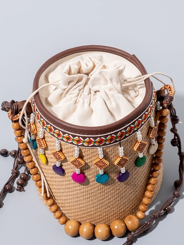 Borsa a Secchiello in Paglia Intrecciata Bohemienne per Donna Borsa a Tracolla Fatta a Mano Con Nappine in Perline di Legno Stile Etnico Vacanza Spiaggia