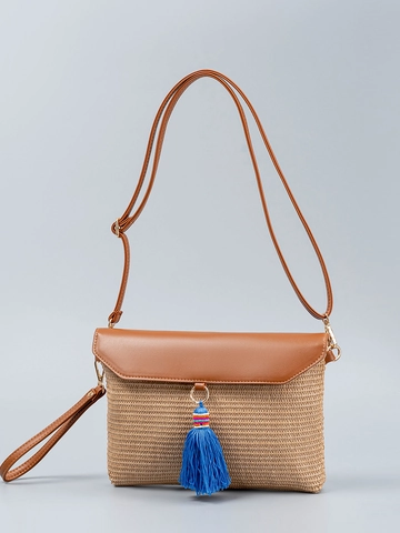 Women's Bohemian Straw Woven Shoulder Bag With Synthetic Leather Flap And Blue Tassel Casual Beach Vacation Handbag