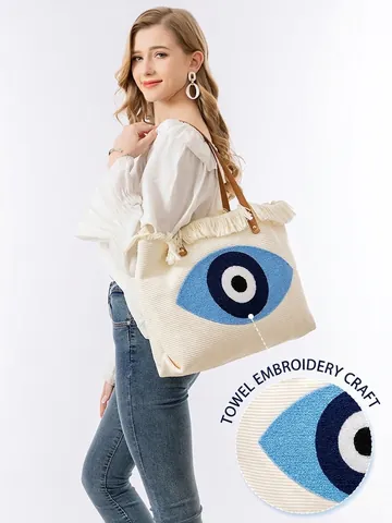 Bohemian Woven Canvas Tote Bag Towel Embroidery Evil Eye Tassels Brown Leather Handle Large Shoulder Bag Women Beach Travel