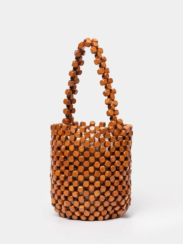 Handmade Wood Bead Woven Bucket Bag Women Hollow Out Beaded Handbag With Drawstring Inner Bag Casual Vacation Handheld Bag