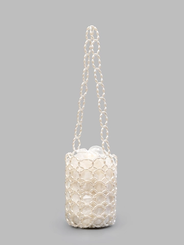 Handgefertigte Acryl Perlentasche Bucket Bag Für Damen Vintage Perlenimitat Zylindrische Schultertasche Mit Kordelzug-Innentasche