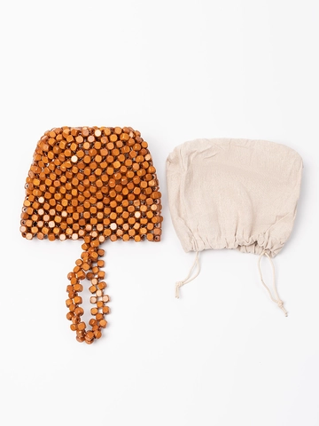 Handmade Wood Bead Woven Bucket Bag Women Hollow Out Beaded Handbag With Drawstring Inner Bag Casual Vacation Handheld Bag
