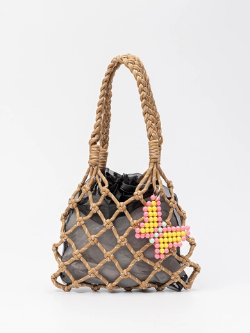 Hand-woven Nylon Mesh Shoulder Bag With Butterfly Beaded Pendant Casual Drawstring Inner Pouch Beach Tote For Women
