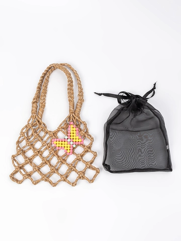 Hand-woven Nylon Mesh Shoulder Bag With Butterfly Beaded Pendant Casual Drawstring Inner Pouch Beach Tote For Women